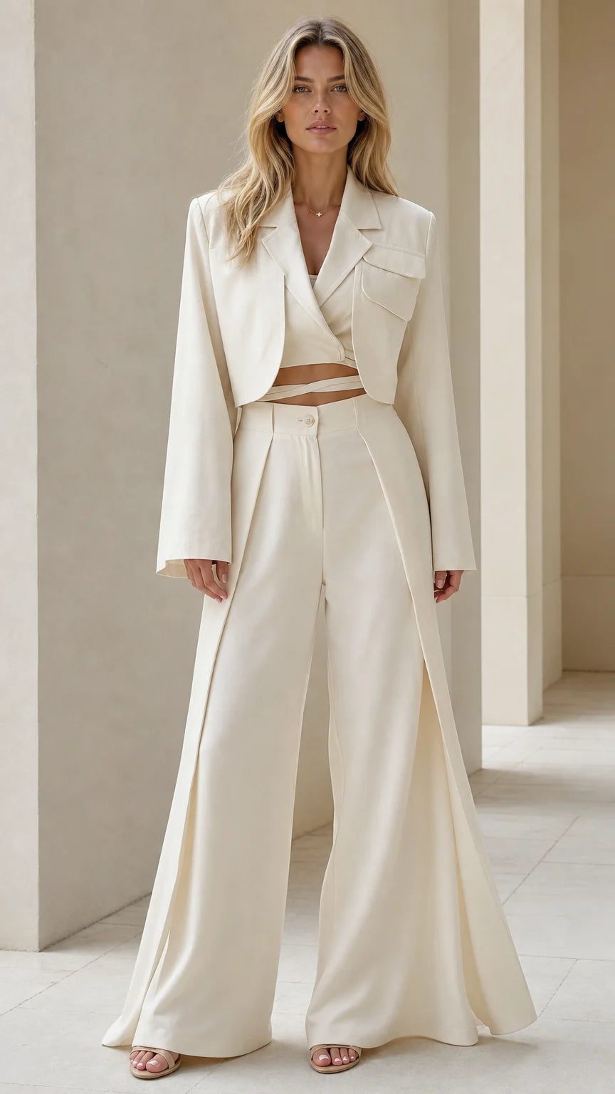 Conjunto de blazer corto y pantalón de pierna ancha.