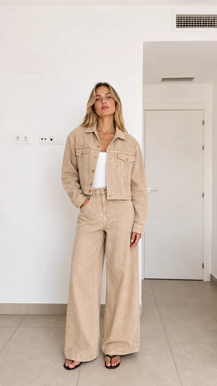 Conjunto vaquero desgastado con chaqueta corta y pantalón ancho