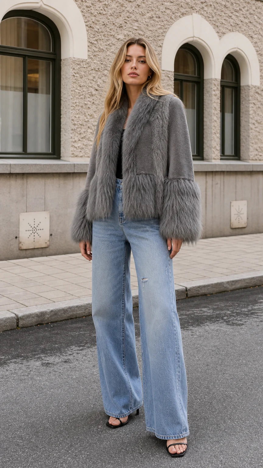 Chaqueta corta con cuello chal y pelo sintético.