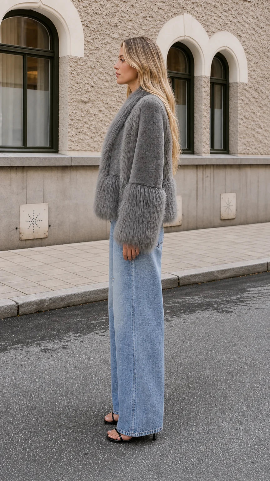 Chaqueta corta con cuello chal y pelo sintético.
