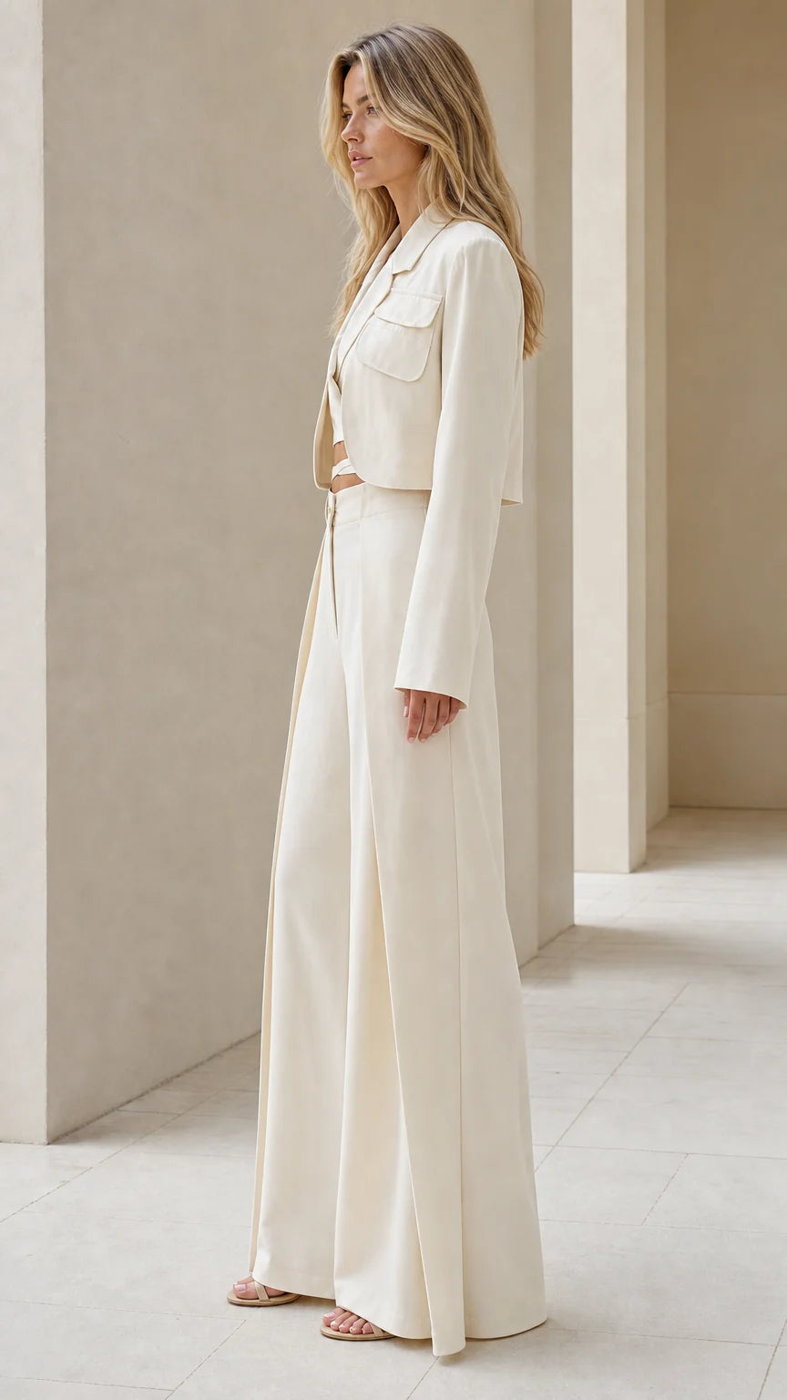 Conjunto de blazer corto y pantalón de pierna ancha.