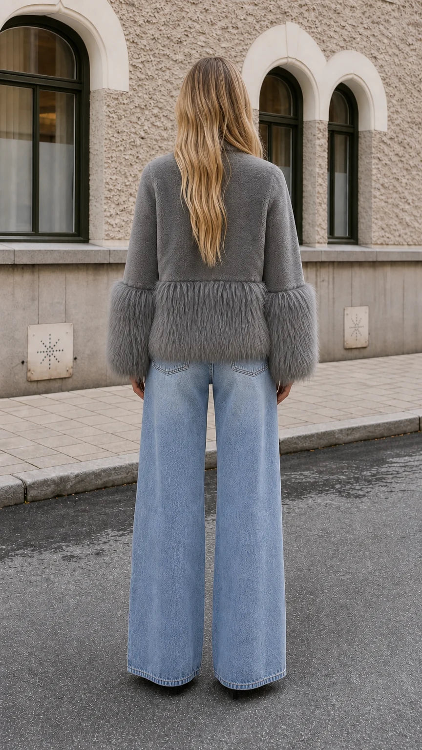 Chaqueta corta con cuello chal y pelo sintético.
