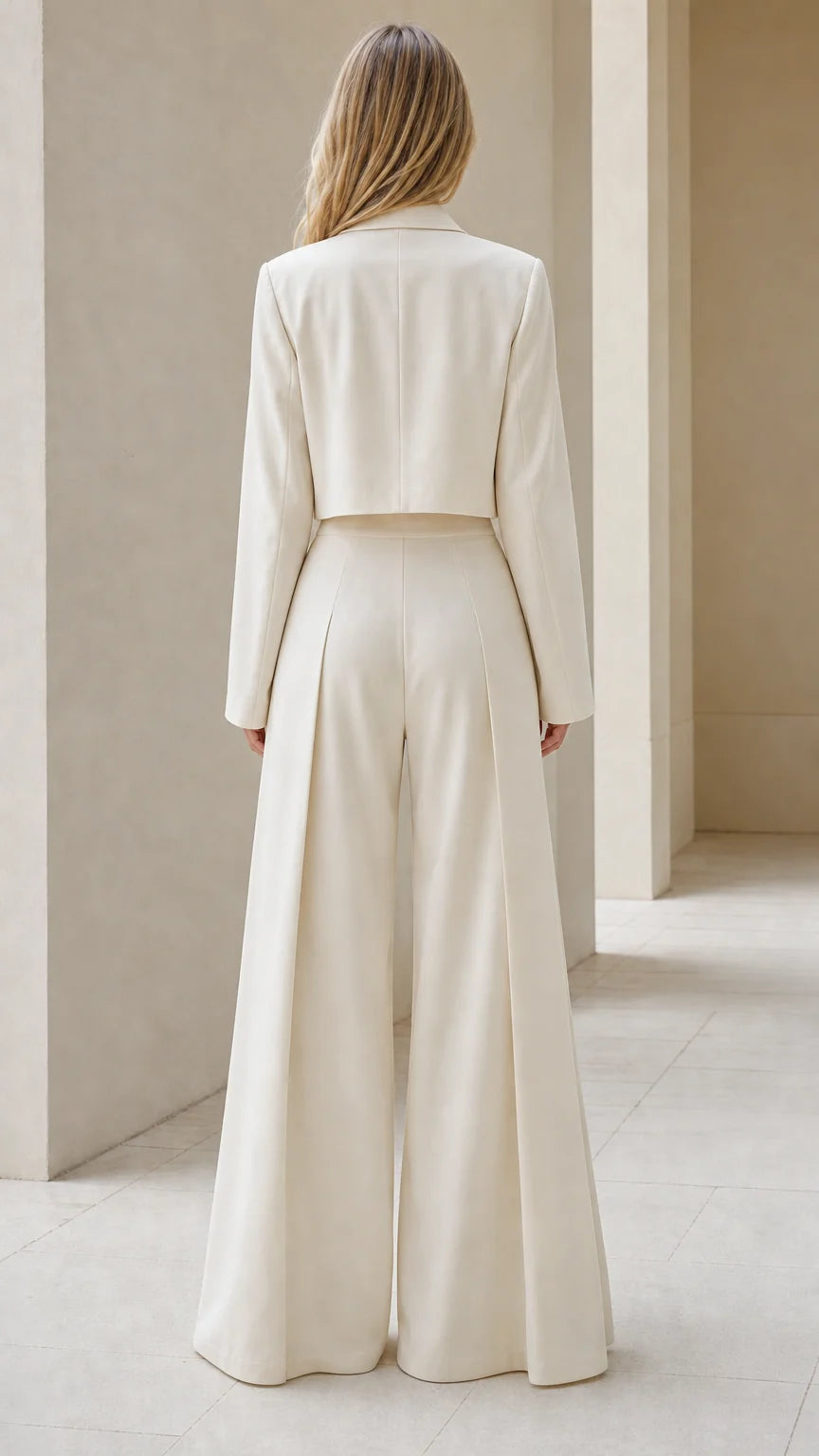 Conjunto de blazer corto y pantalón de pierna ancha.