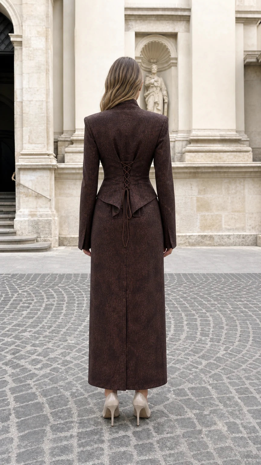 Conjunto de chaqueta con cordones y falda larga con abertura.