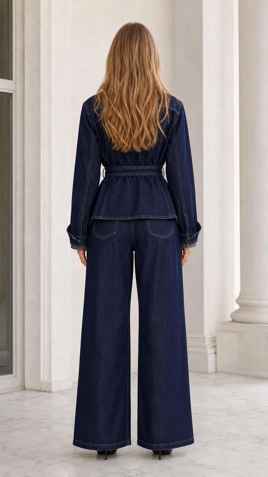 Conjunto vaquero con chaqueta de cinturón y pantalón ancho