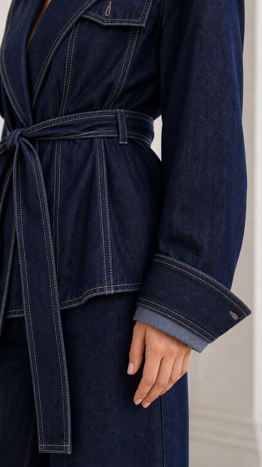 Conjunto vaquero con chaqueta de cinturón y pantalón ancho