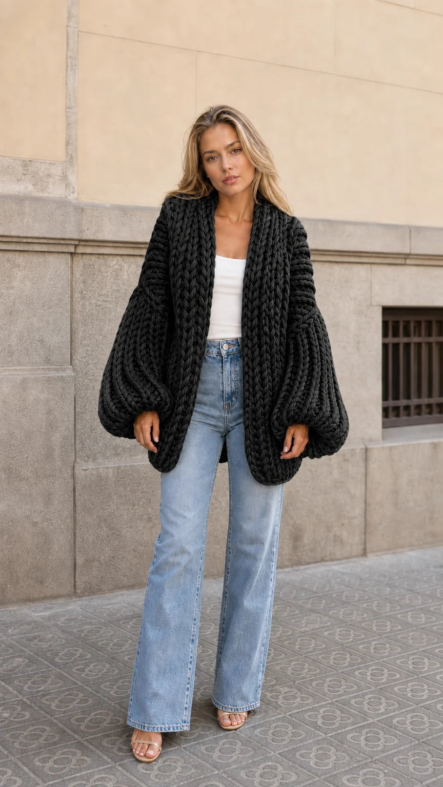 Cárdigan oversize de punto grueso con mangas abullonadas