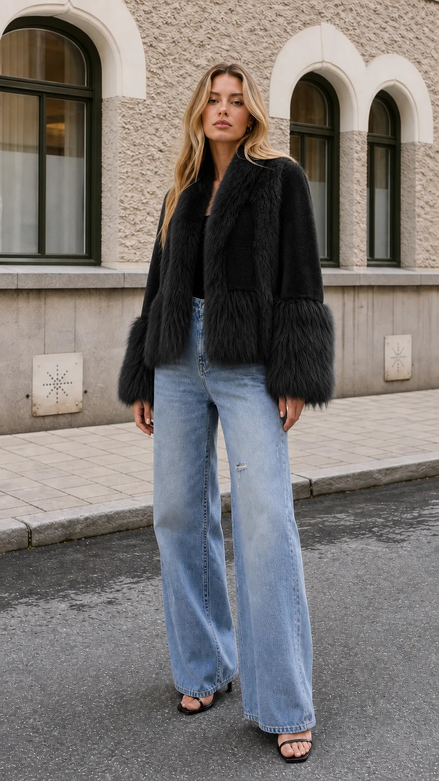 Chaqueta corta con cuello chal y pelo sintético.