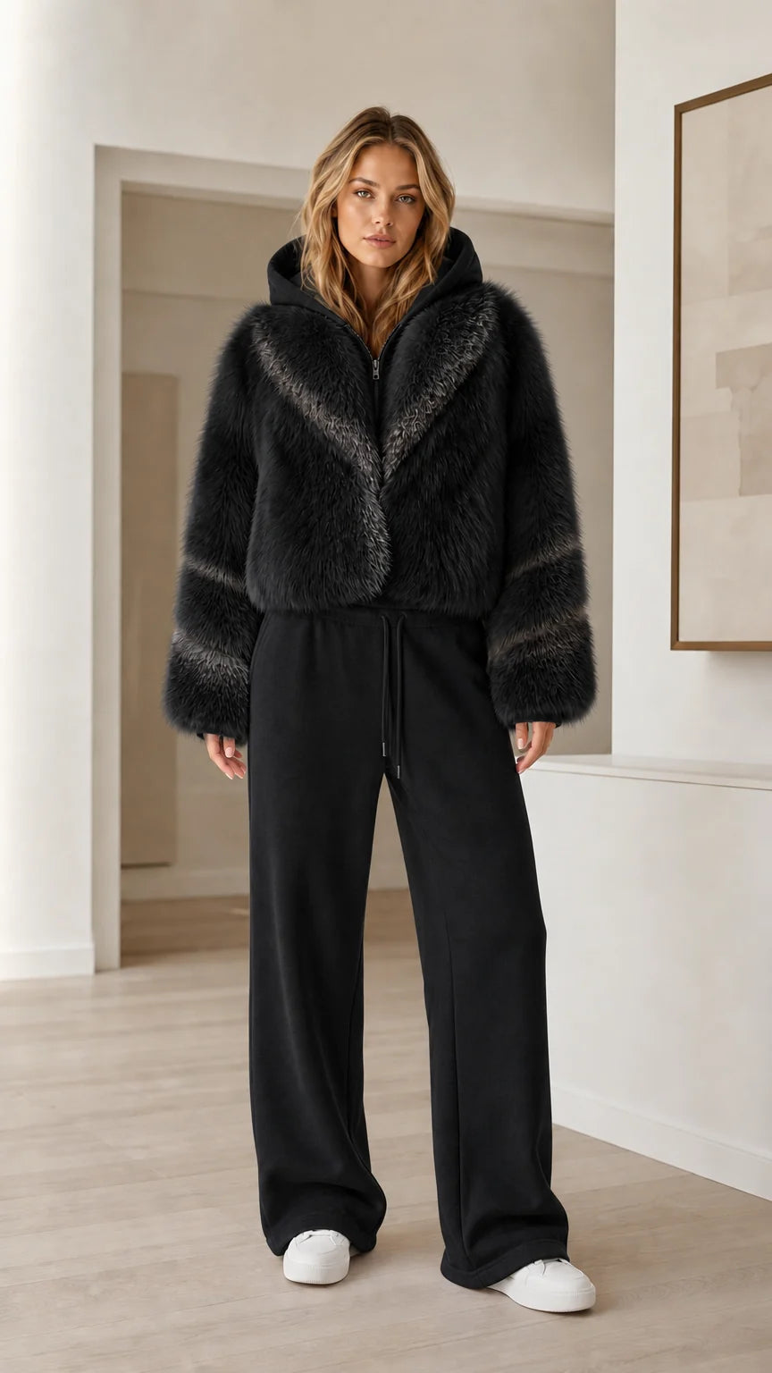Chaqueta corta de pelo sintético con capucha
