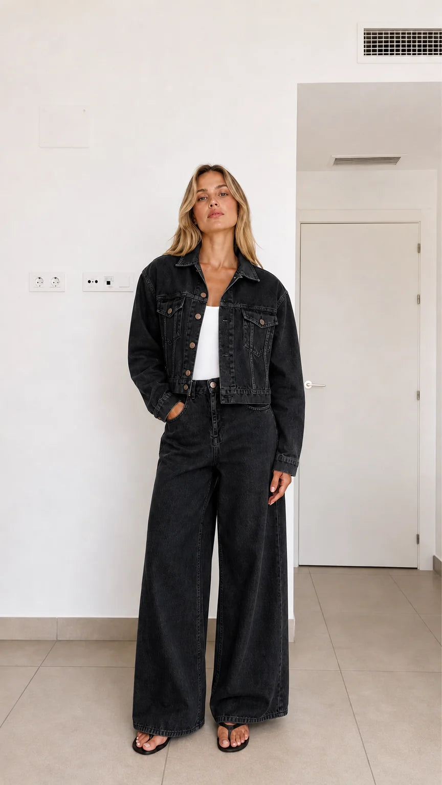 Conjunto vaquero desgastado con chaqueta corta y pantalón ancho