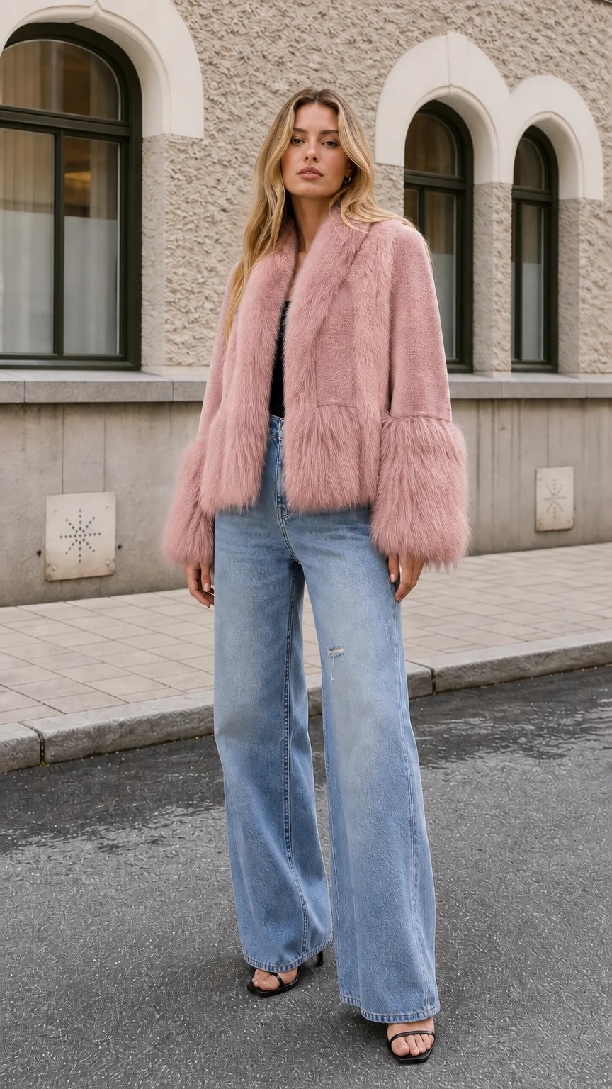 Chaqueta corta con cuello chal y pelo sintético.
