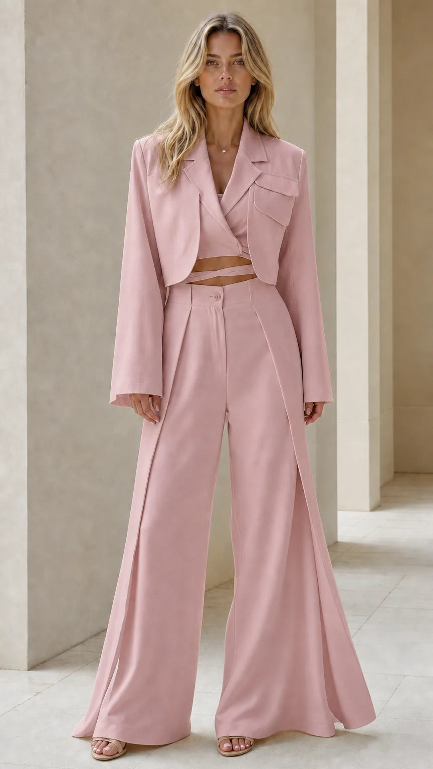 Conjunto de blazer corto y pantalón de pierna ancha.