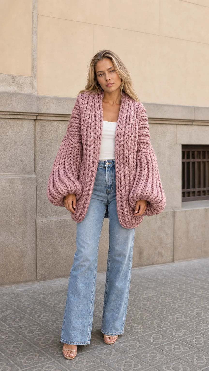 Cárdigan oversize de punto grueso con mangas abullonadas