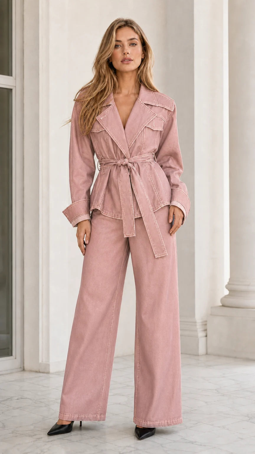 Conjunto vaquero con chaqueta de cinturón y pantalón ancho