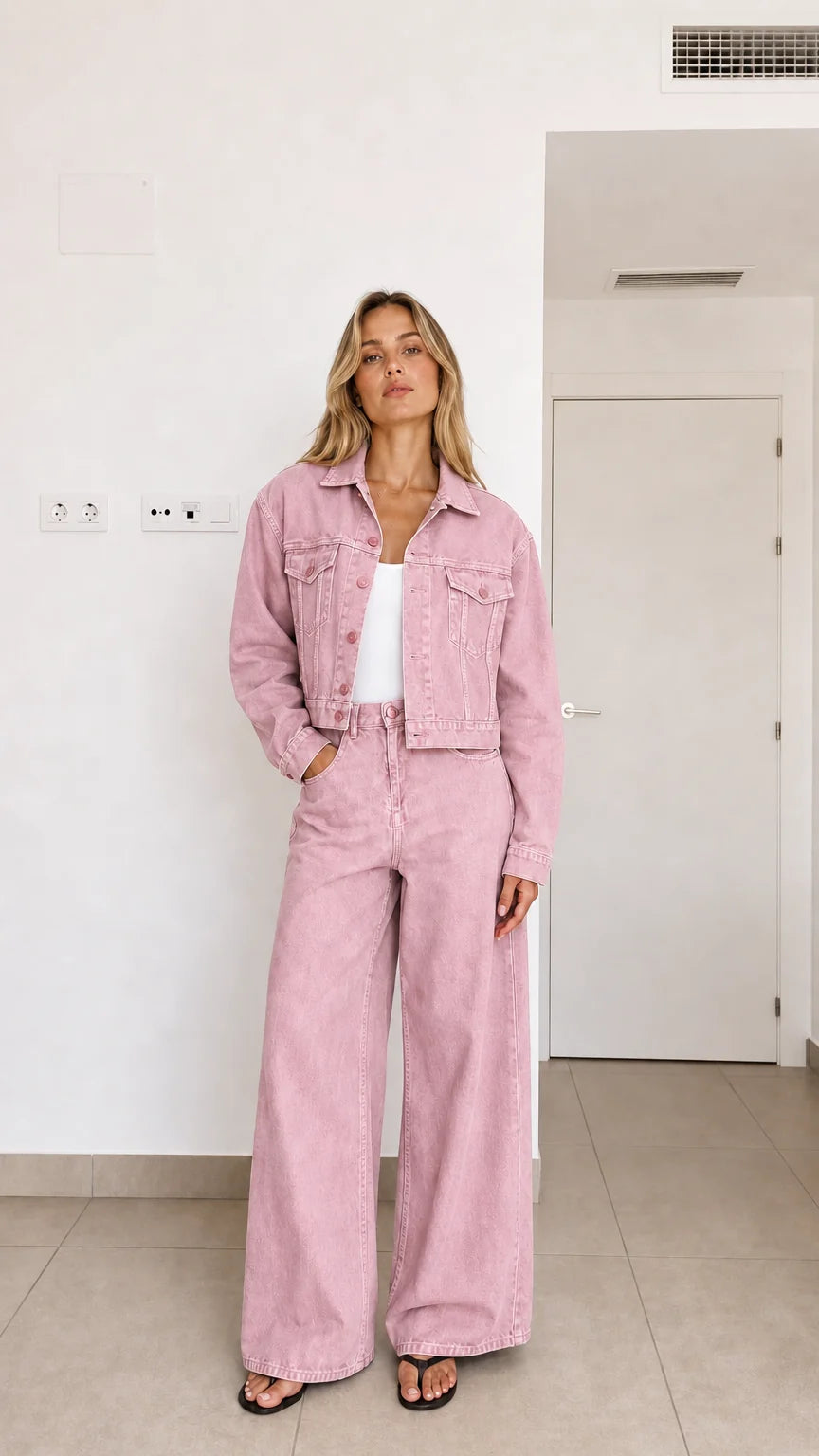 Conjunto vaquero desgastado con chaqueta corta y pantalón ancho