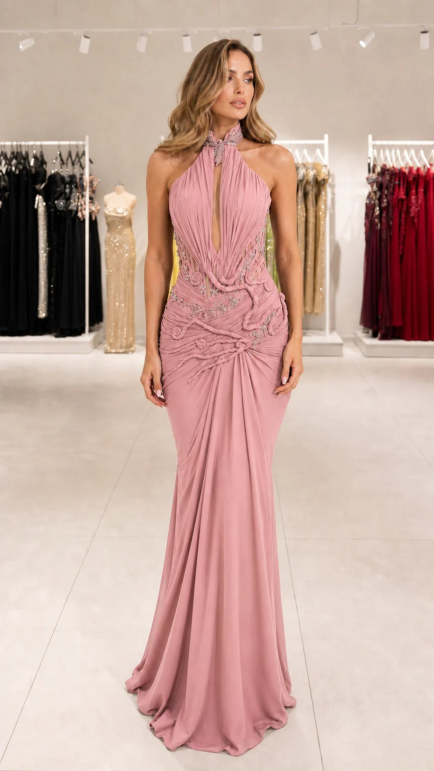 Vestido de noche sirena con cuello halter y pedrería