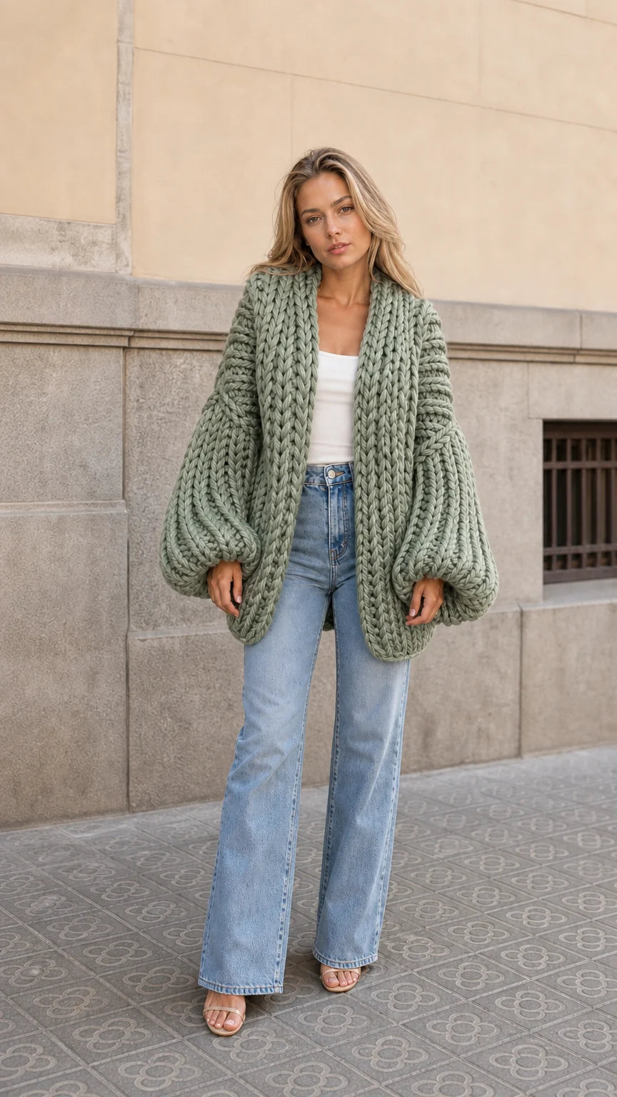 Cárdigan oversize de punto grueso con mangas abullonadas