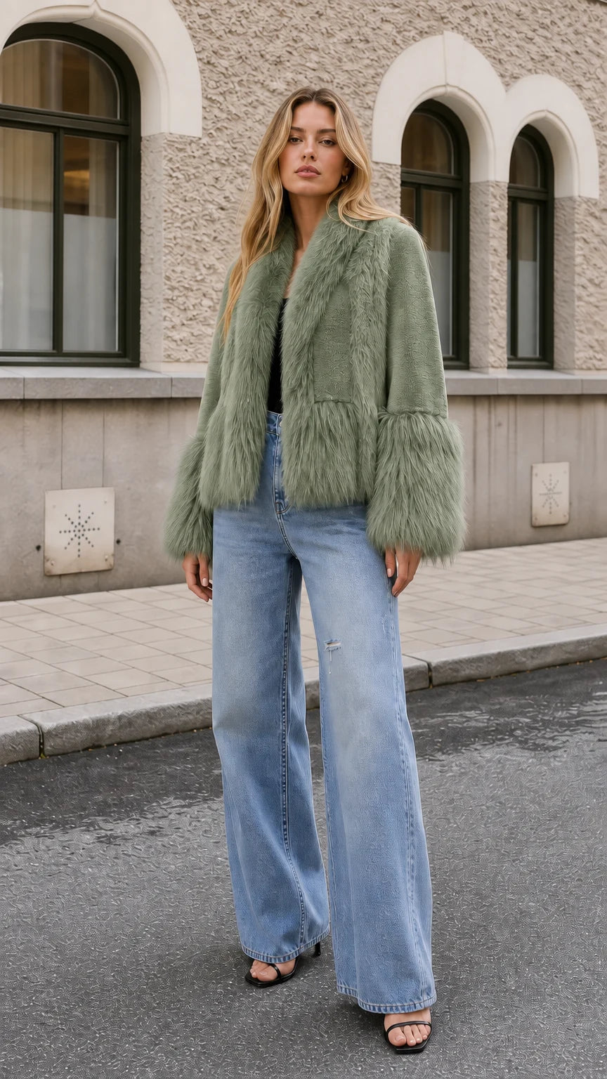 Chaqueta corta con cuello chal y pelo sintético.