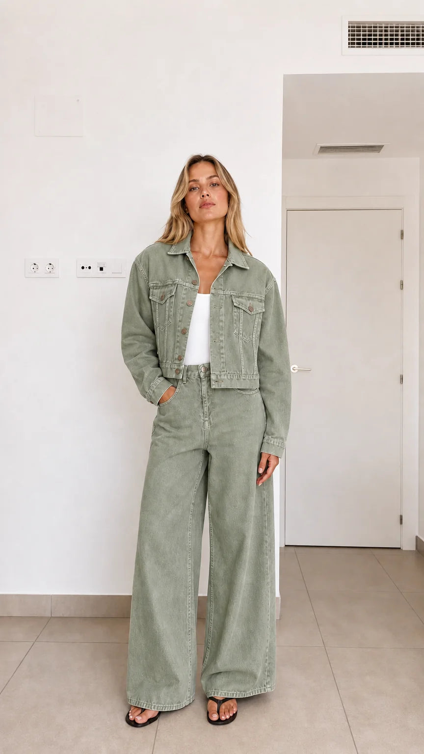 Conjunto vaquero desgastado con chaqueta corta y pantalón ancho