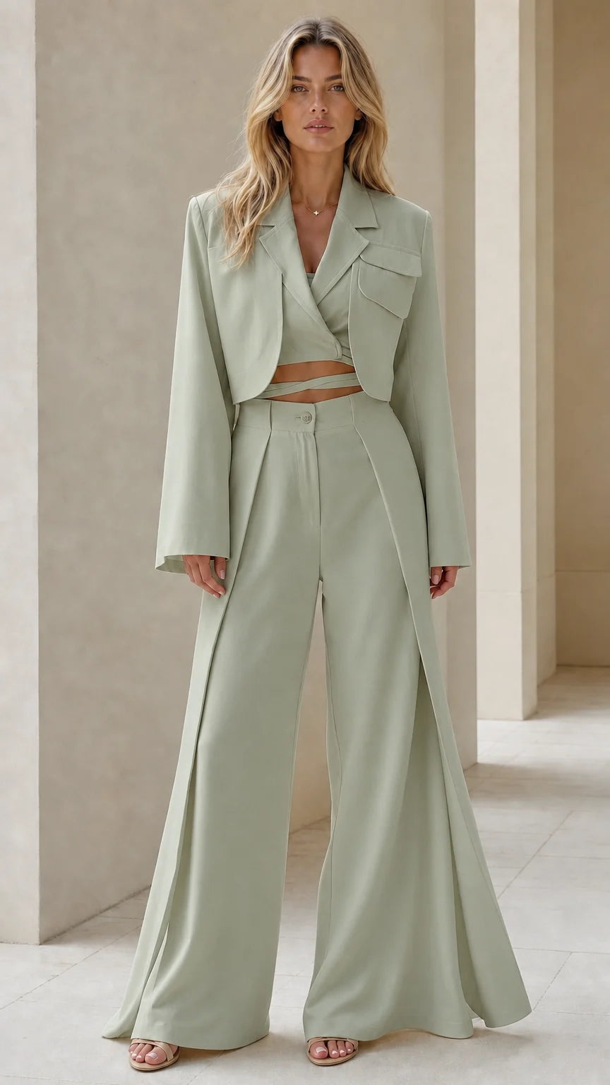 Conjunto de blazer corto y pantalón de pierna ancha.