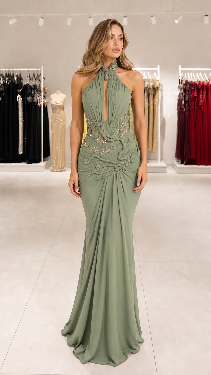 Vestido de noche sirena con cuello halter y pedrería