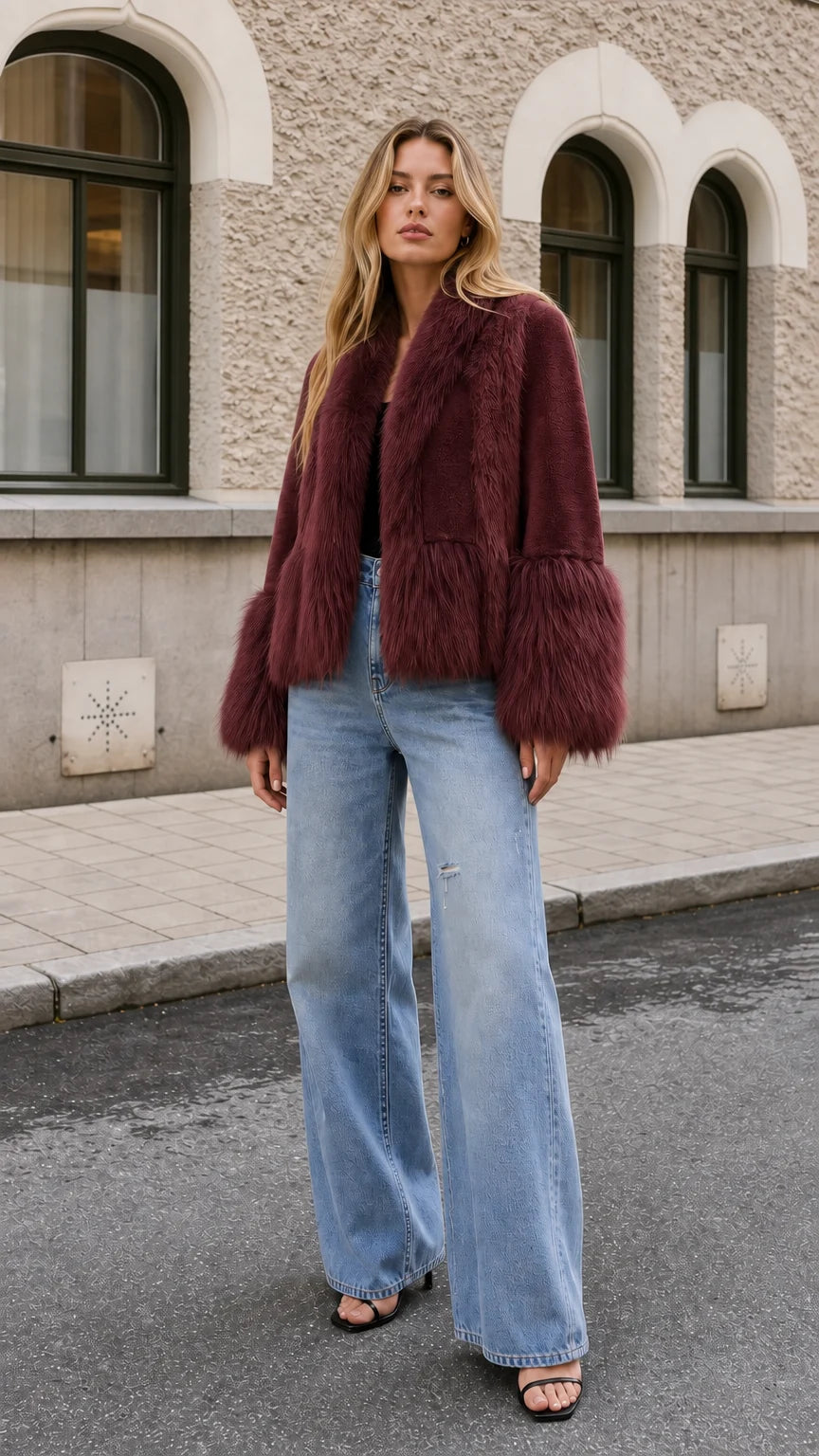 Chaqueta corta con cuello chal y pelo sintético.