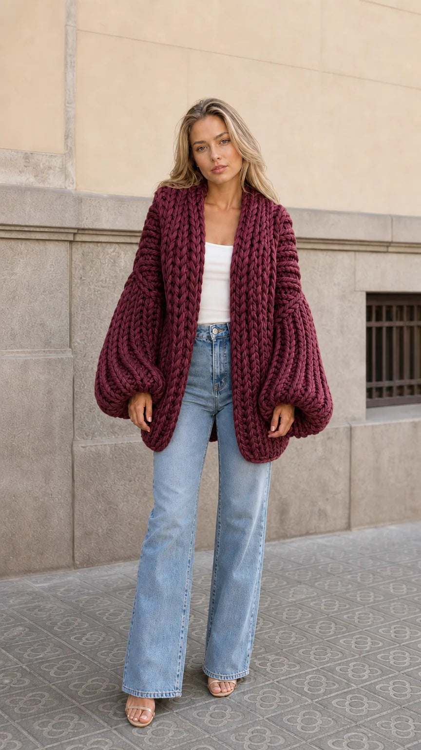 Cárdigan oversize de punto grueso con mangas abullonadas