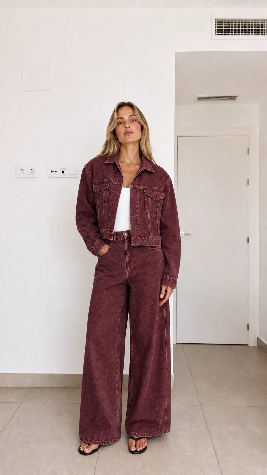 Conjunto vaquero desgastado con chaqueta corta y pantalón ancho