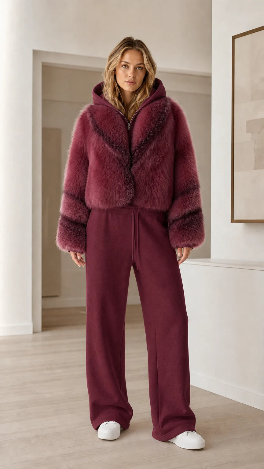 Chaqueta corta de pelo sintético con capucha