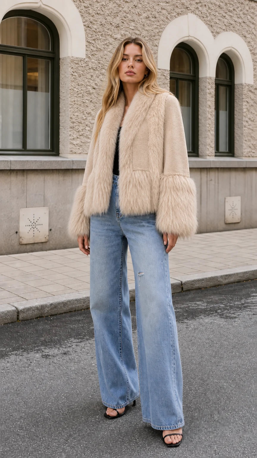 Chaqueta corta con cuello chal y pelo sintético.