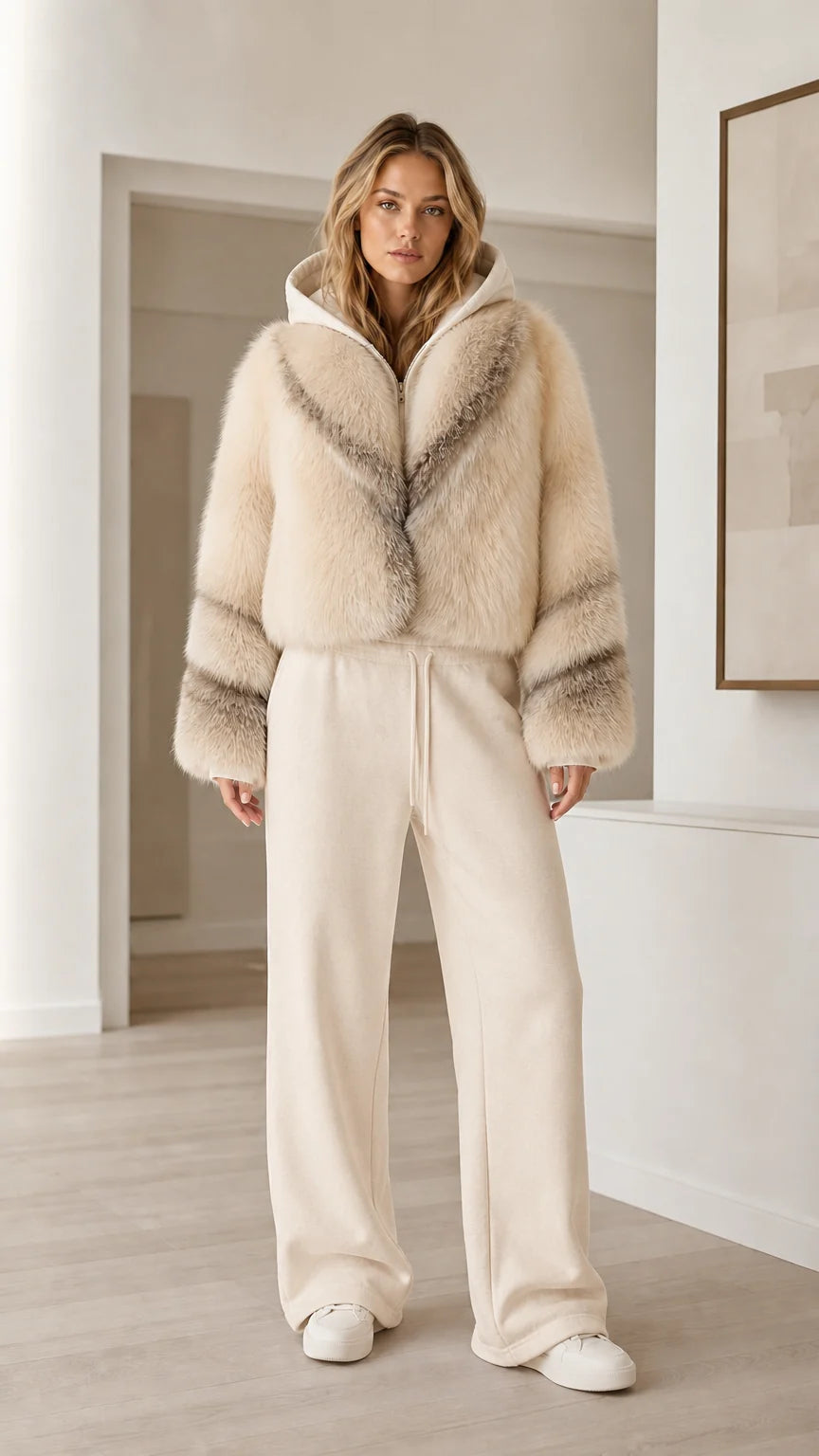 Chaqueta corta de pelo sintético con capucha