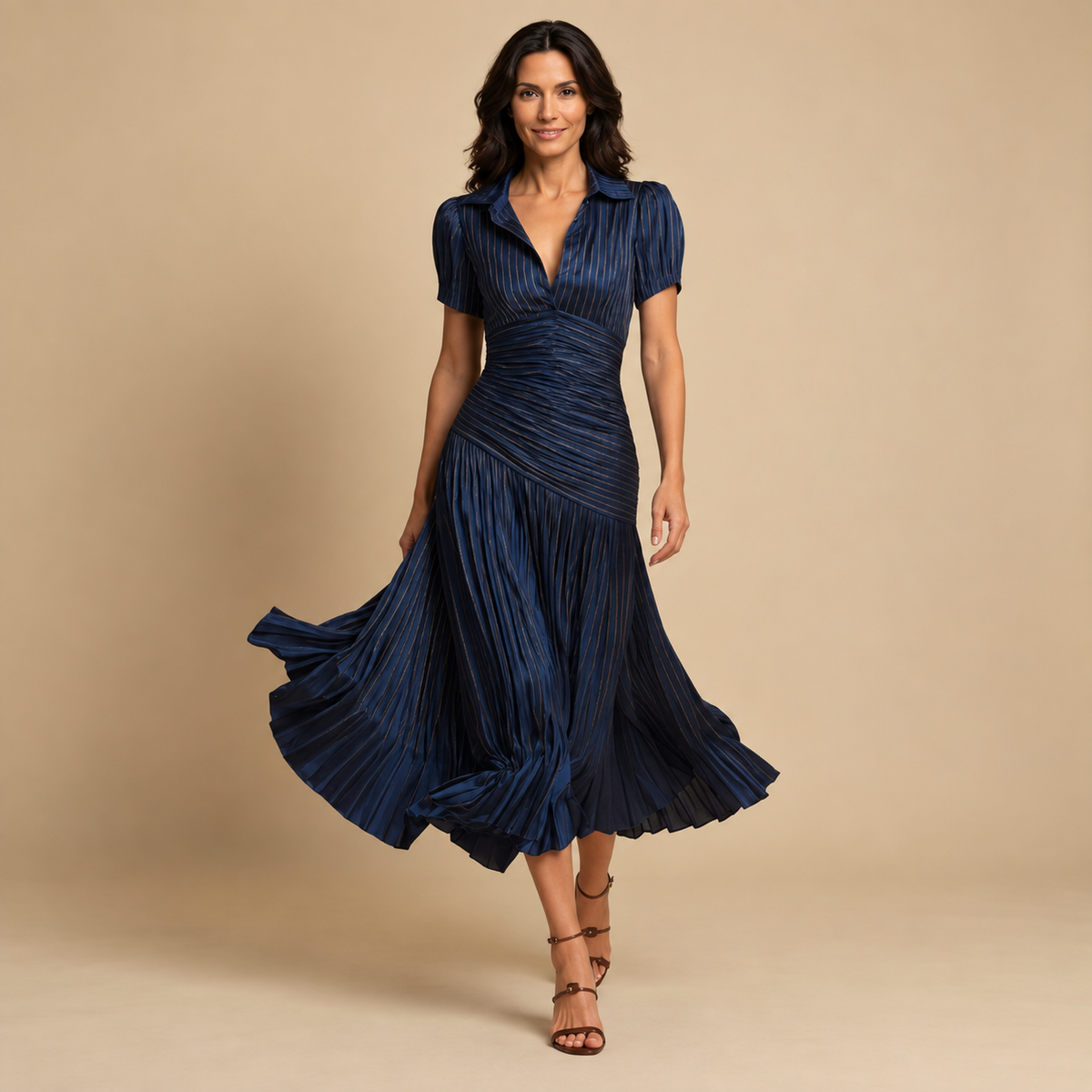 Vestido Midi Satén Plisado Rayas Manga Abullonada