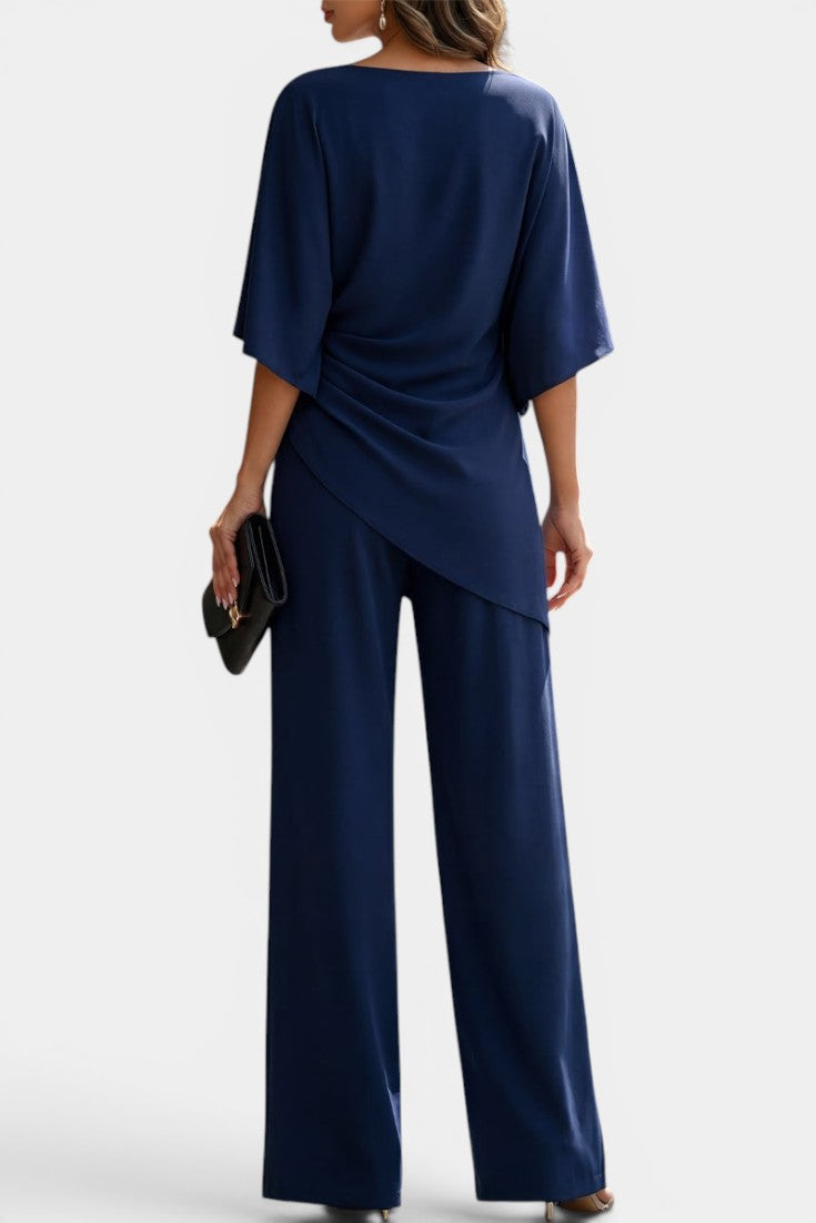 Conjunto de top drapeado asimétrico y pantalón ancho
