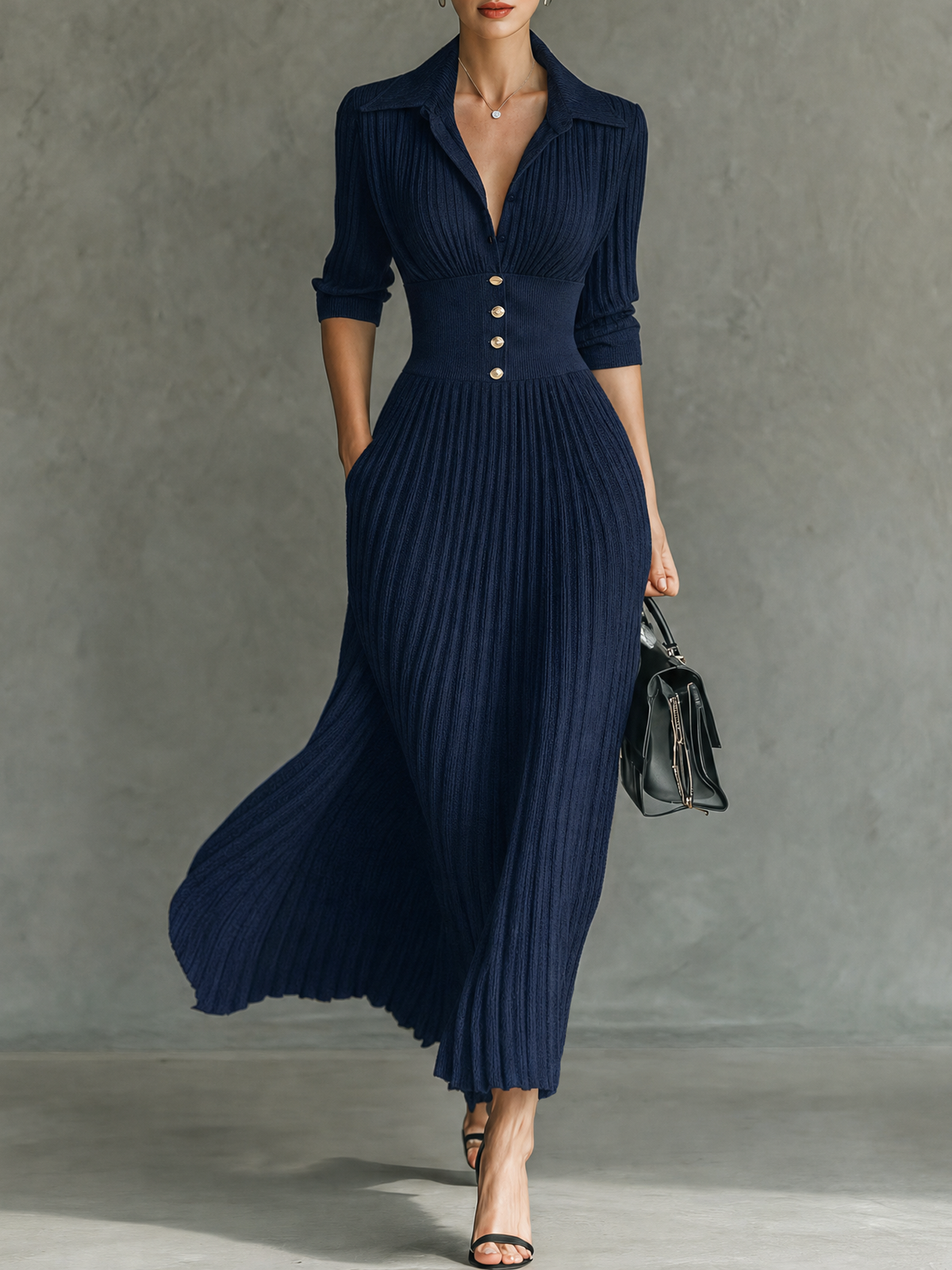 Vestido Midi Plisado de Punto