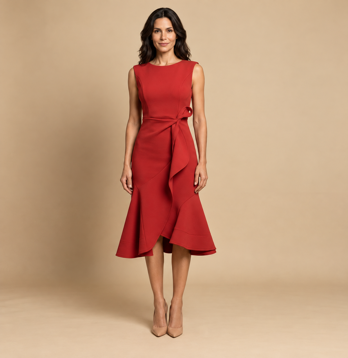 Vestido Midi Crepé Sin Mangas Lazo Lateral