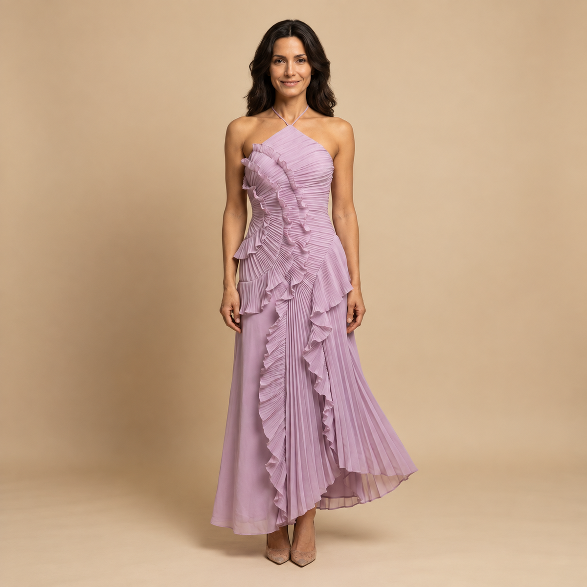 Vestido Largo Halter Volantes Plisados Espiral Escultórico