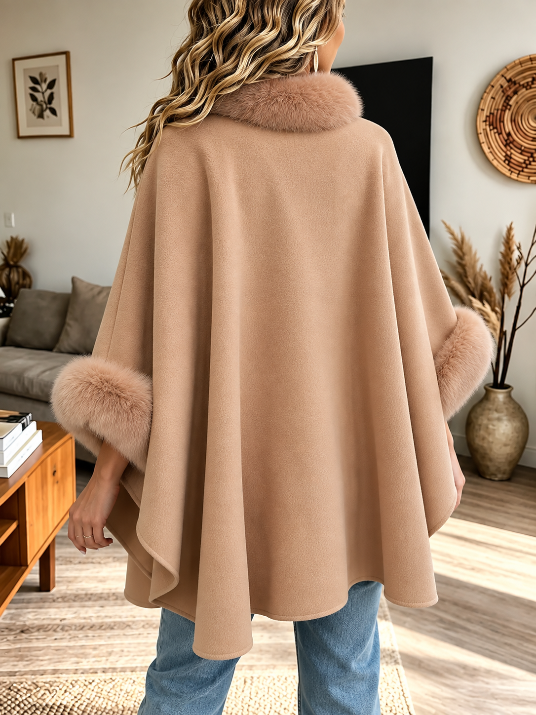 Capa elegante de lana con cuello de pelo