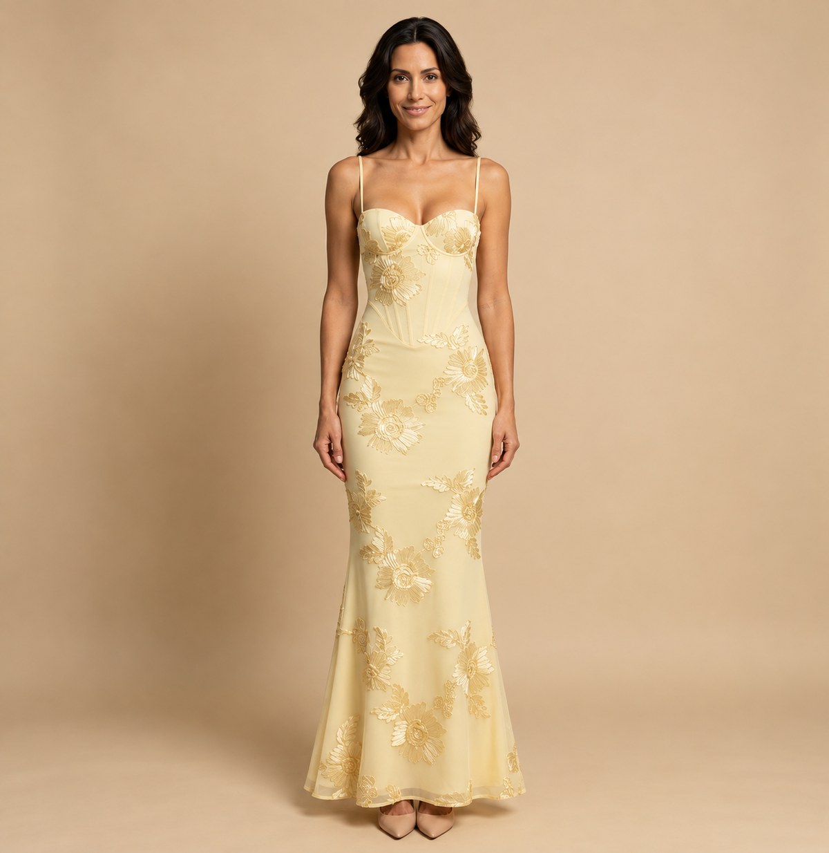 Vestido Largo Corsé Sirena Apliques Florales Tul