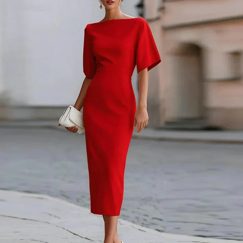 Vestido midi elegante para mujer con cuello barco