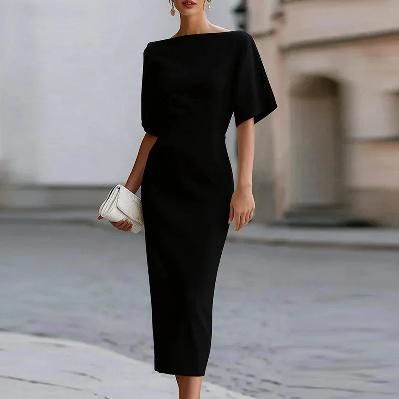 Vestido midi elegante para mujer con cuello barco