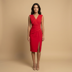 Vestido Midi Escote V Drapeado Elegante Mujer