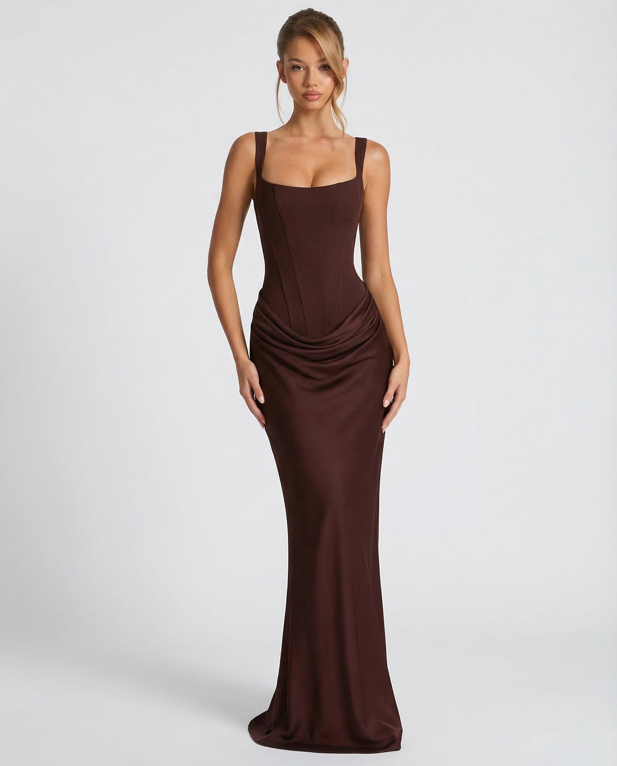 Vestido largo para mujer con cuello cuadrado y cintura drapeada