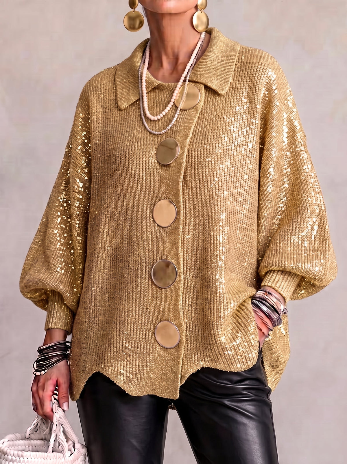 Cárdigan oversize con cuello y botones metálicos grandes