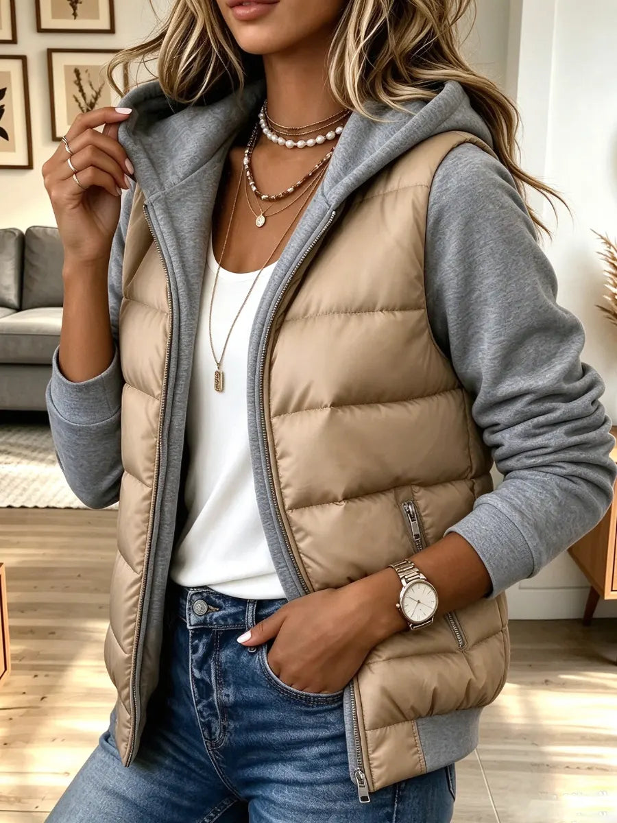 Abrigo casual con capucha y diseño patchwork