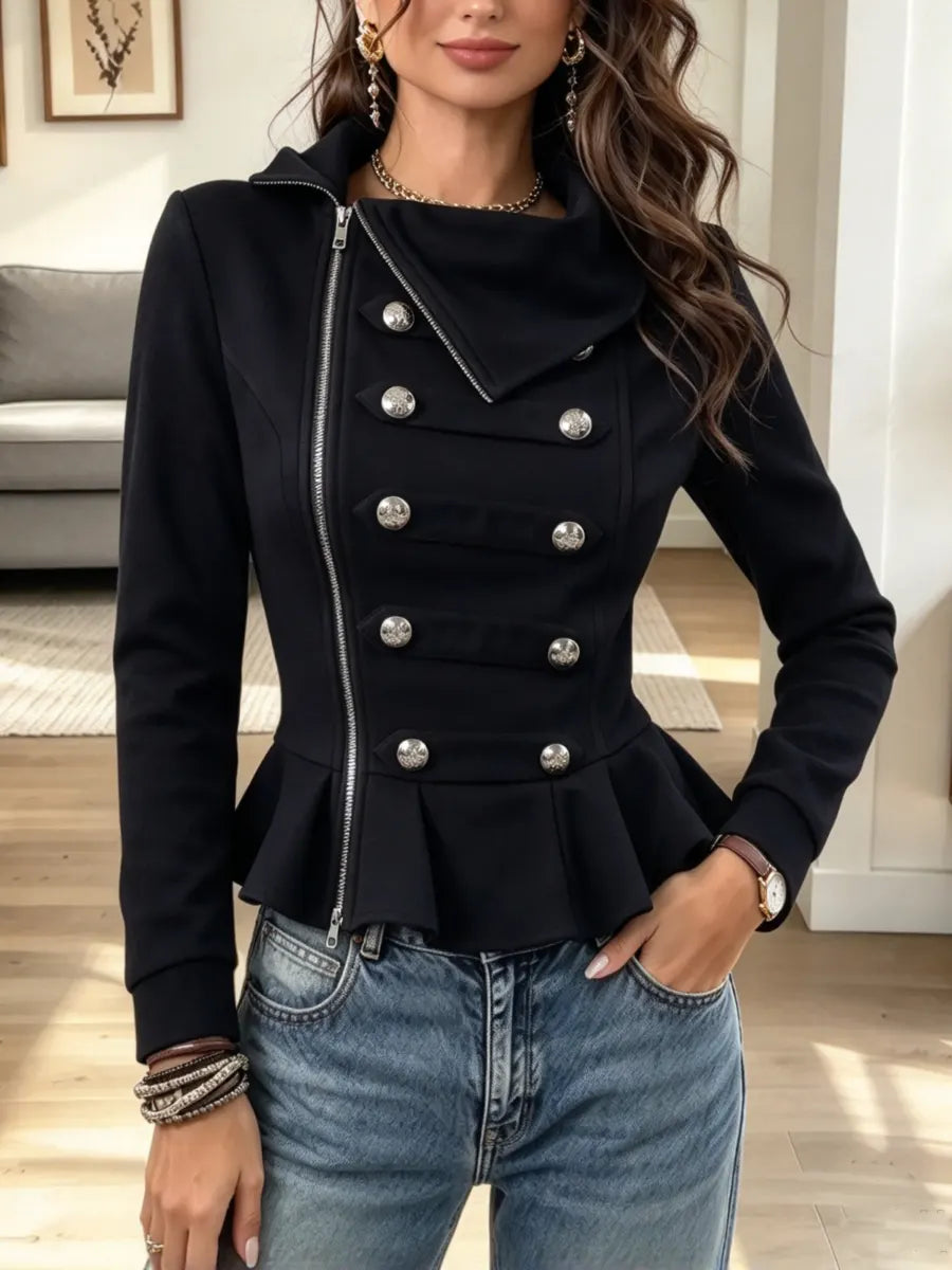 Abrigo casual vintage con cuello de solapa y volantes