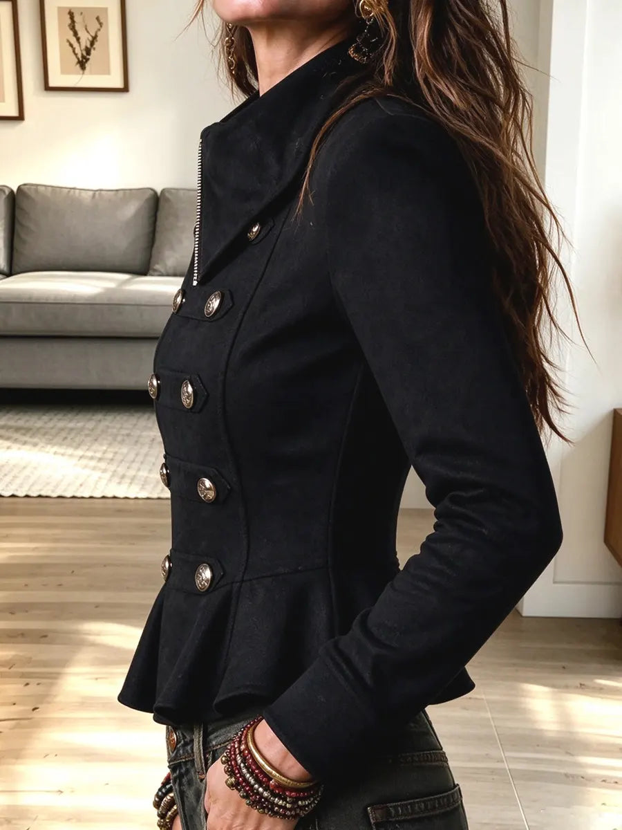Abrigo casual vintage con cuello de solapa y volantes