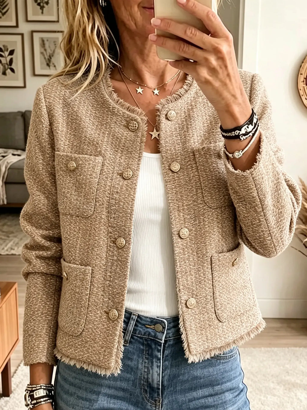 Chaqueta de tweed con flecos