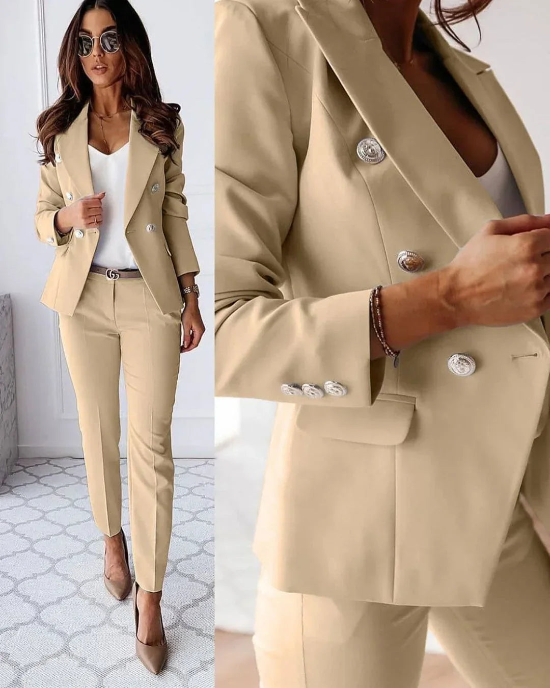 Conjunto elegante de chaqueta cruzada y pantalón