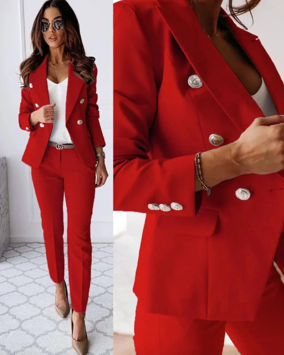 Conjunto elegante de chaqueta cruzada y pantalón