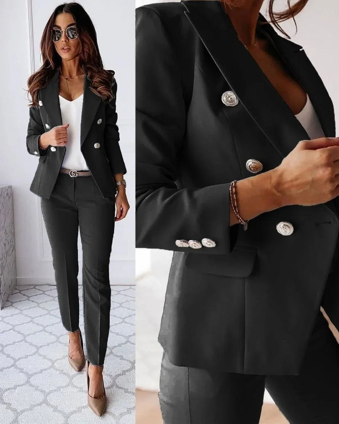 Conjunto elegante de chaqueta cruzada y pantalón